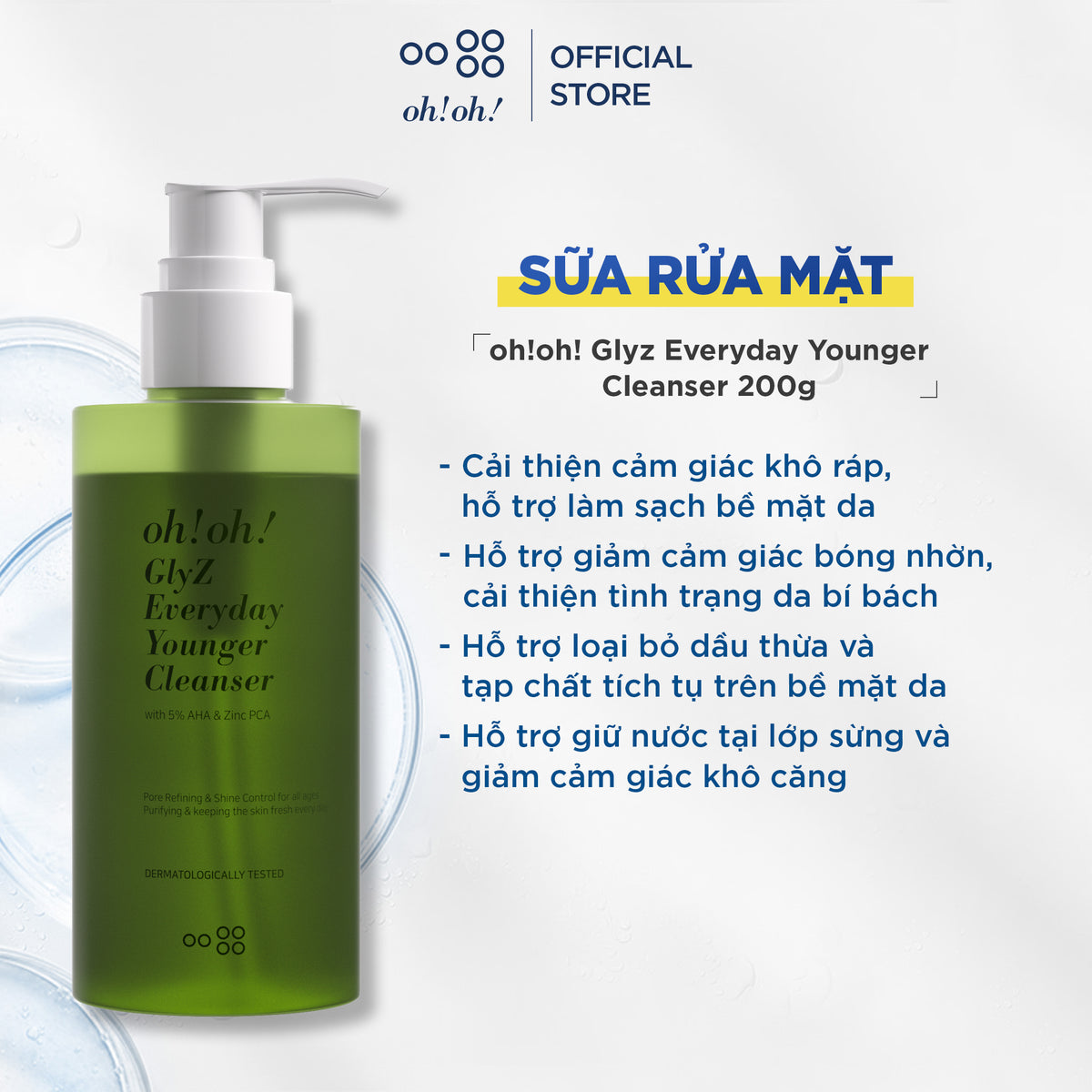 oh!oh! Glyz Everyday Younger Cleanser 200g (with 5% AHA & 1% Zinc PCA) - Gentle Cleansing Facial Cleanser, Supports Brighter and Younger-Looking Skin
