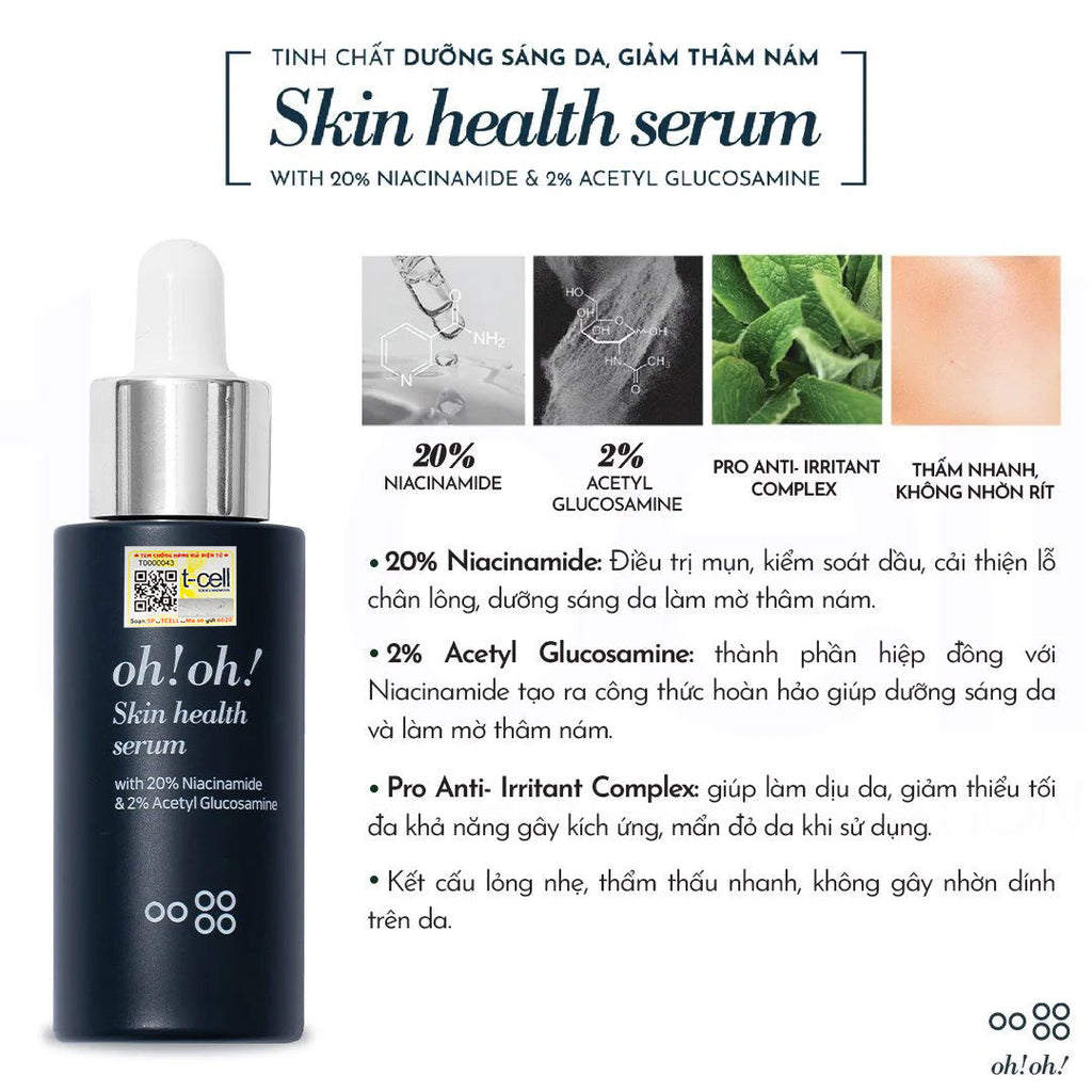 Tinh Chất Dưỡng Sáng Da, Giảm Thâm Nám oh!oh! Skin Health Serum (with 20% Niacinamide & 2% Acetyl Glucosamine)