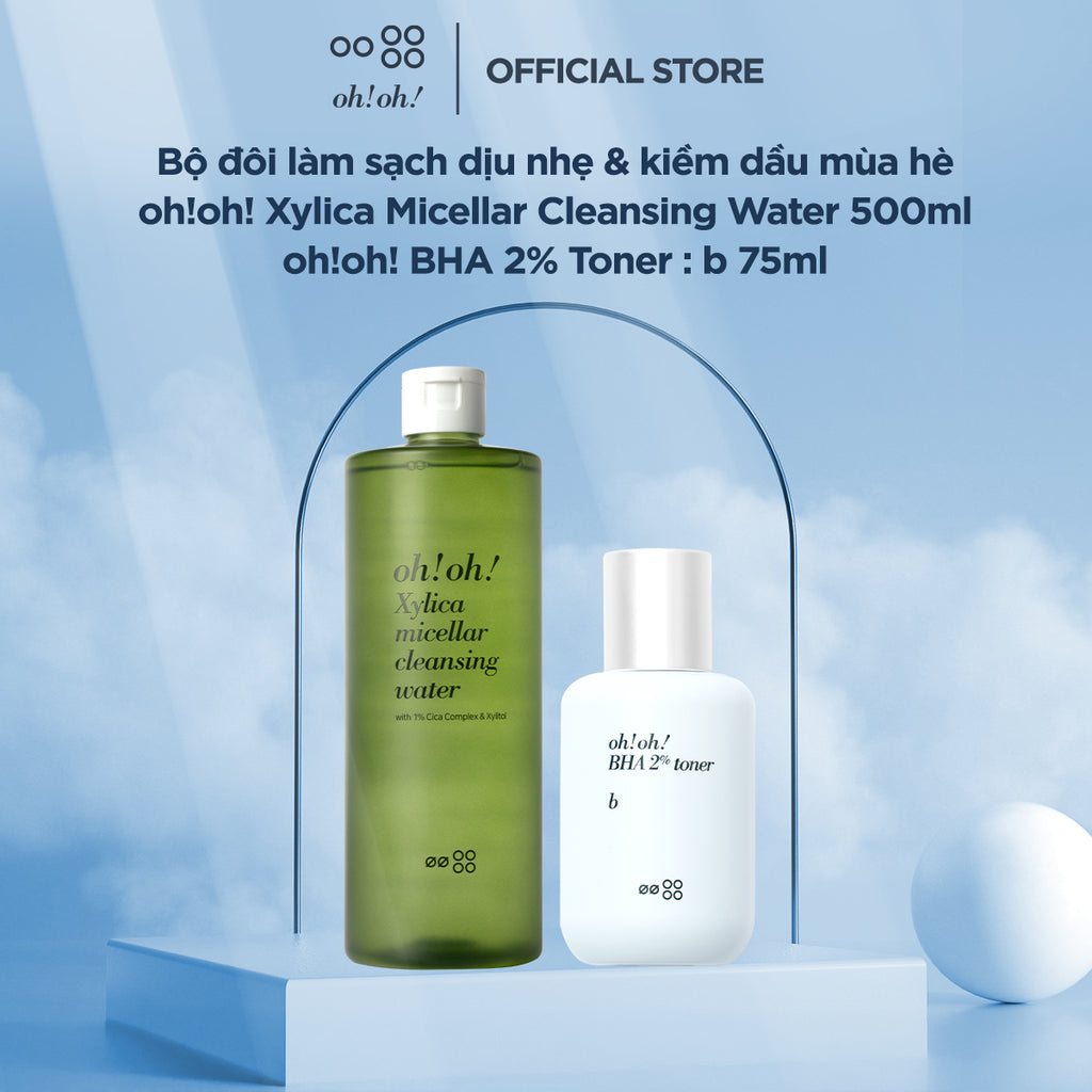 Bộ đôi làm sạch dịu nhẹ & kiềm dầu mùa hè oh!oh! Xylica Micellar Cleansing Water 500ml & oh!oh! BHA 2% Toner : b 75ml